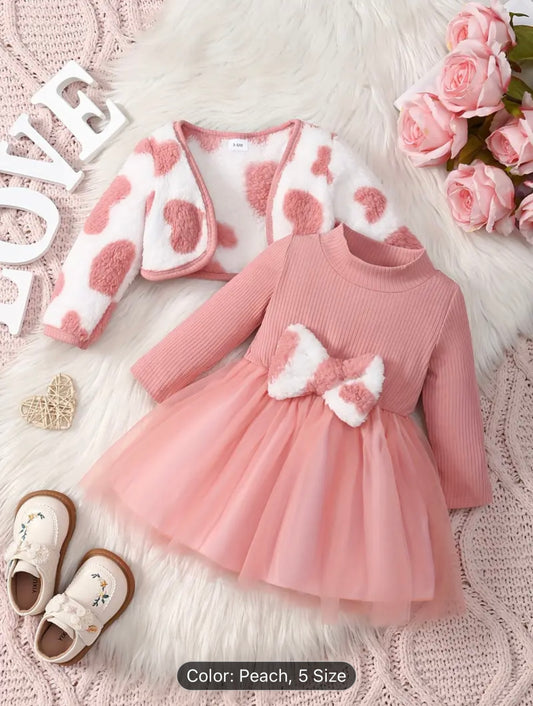 Pink Ribbed long sleeve tutu dress with Bow and heart fleece crop cardigan