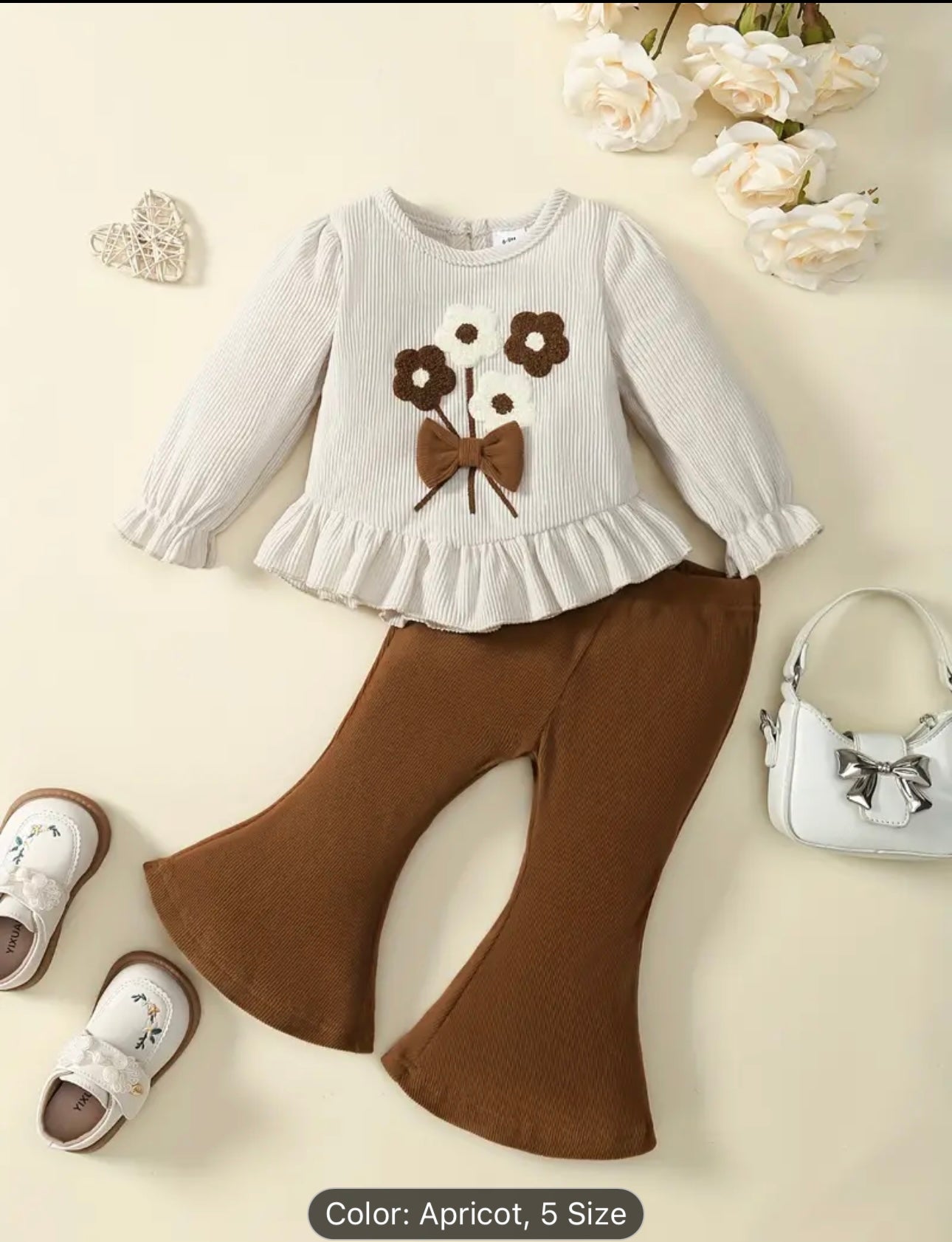 Bow decor flower embroidery long sleeves top with Bell bottom pant