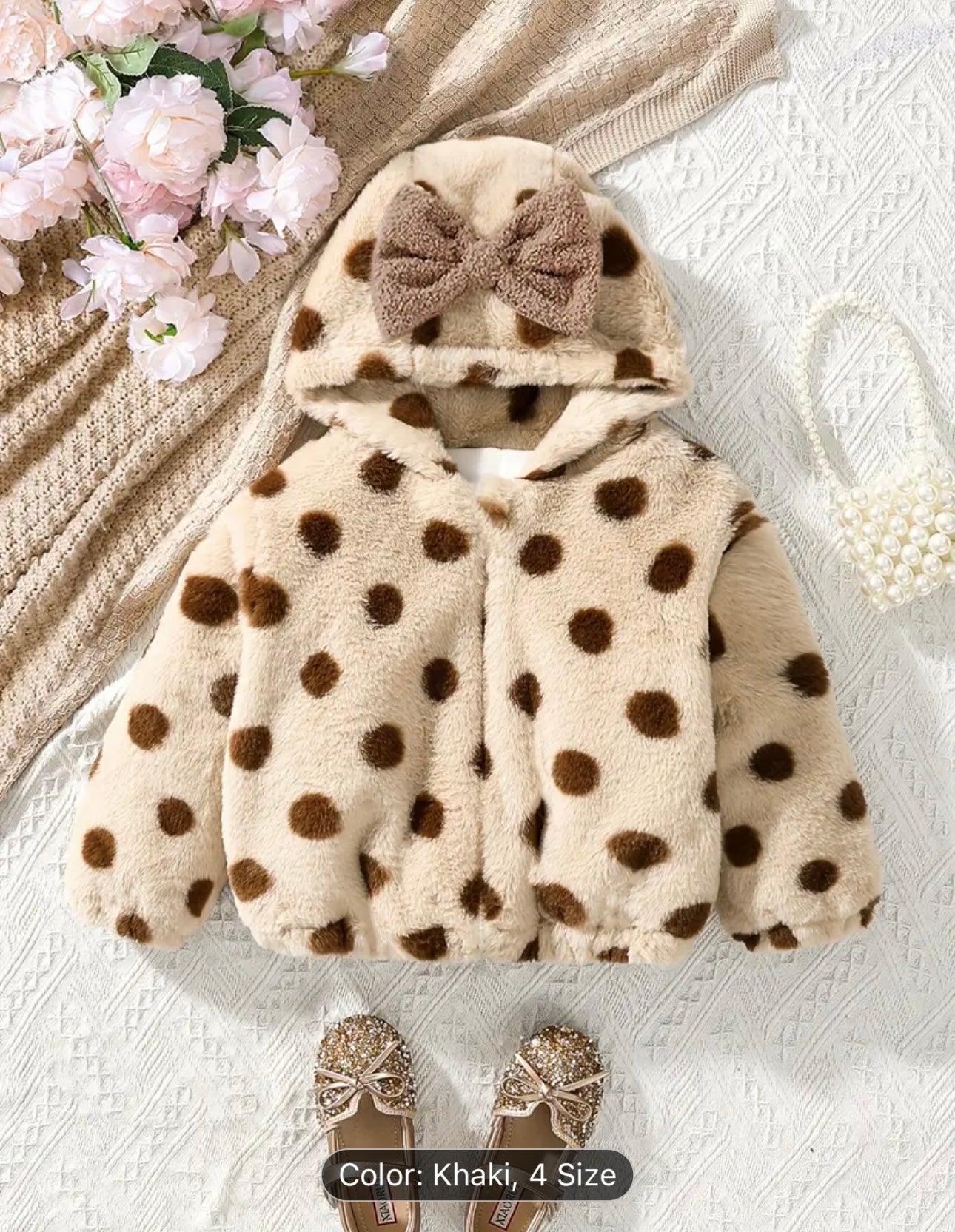 Cute polka dot plush hooded jacket with big bow