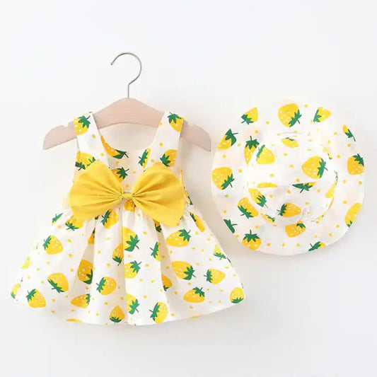 Yellow and White Fruit printed Frock with Hat