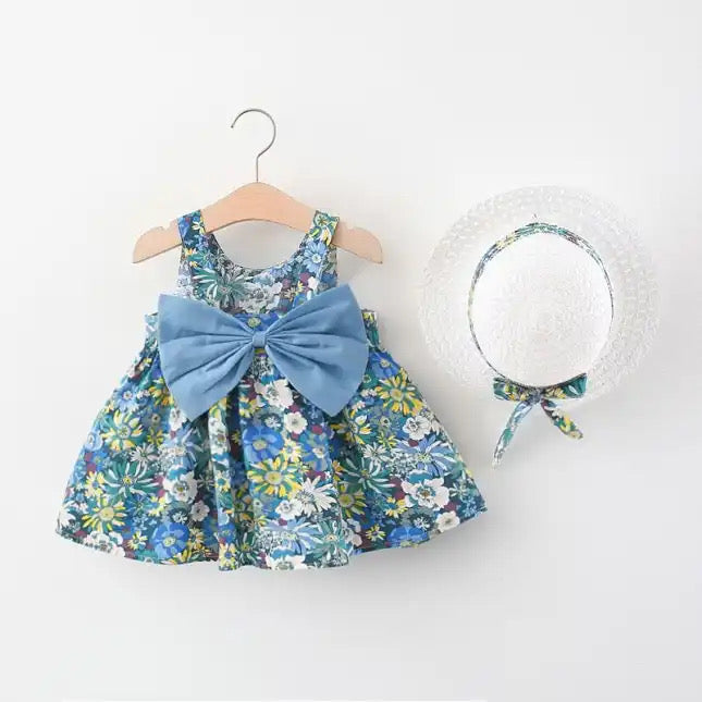 Blue Floral printed frock with Hat