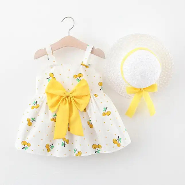 Yellow & White Frock with Hat