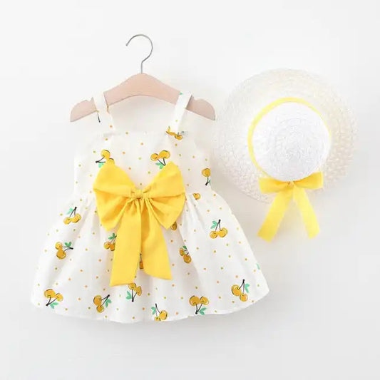 Yellow & White Frock with Hat