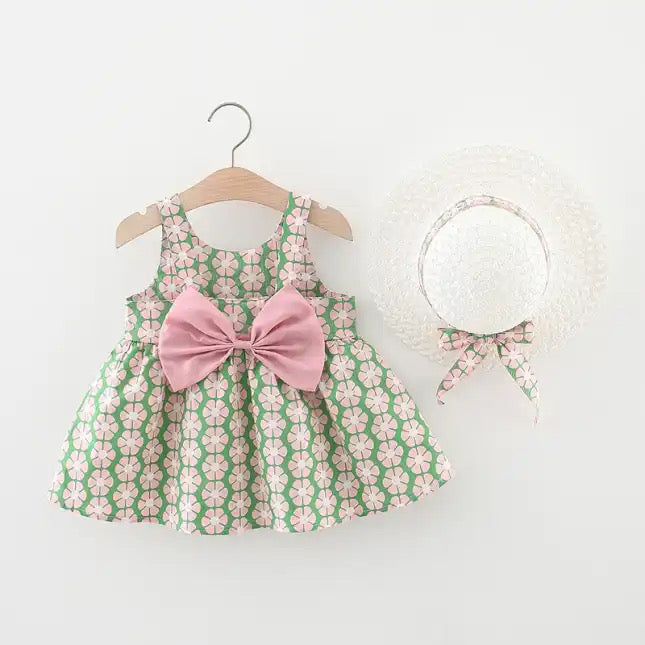 Pink & Green floral Frock with Hat